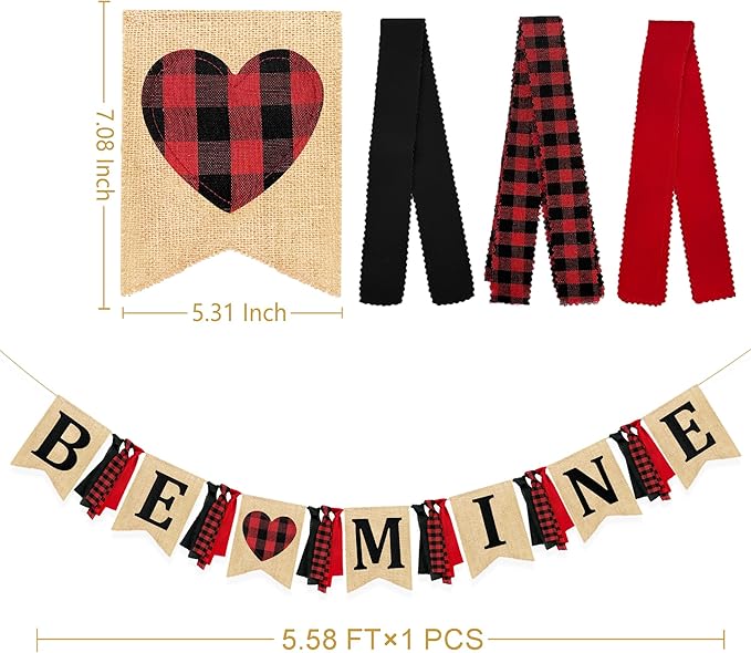 Valentine’s Day Party Decorations Be Mine Felt Sign Burlap Pennant Banner Flag Heart with Black Red Buffalo Plaid Fabric Ribbon for Valentine’s Day Wedding Birthday Party Supplies-Ruum Studio Home