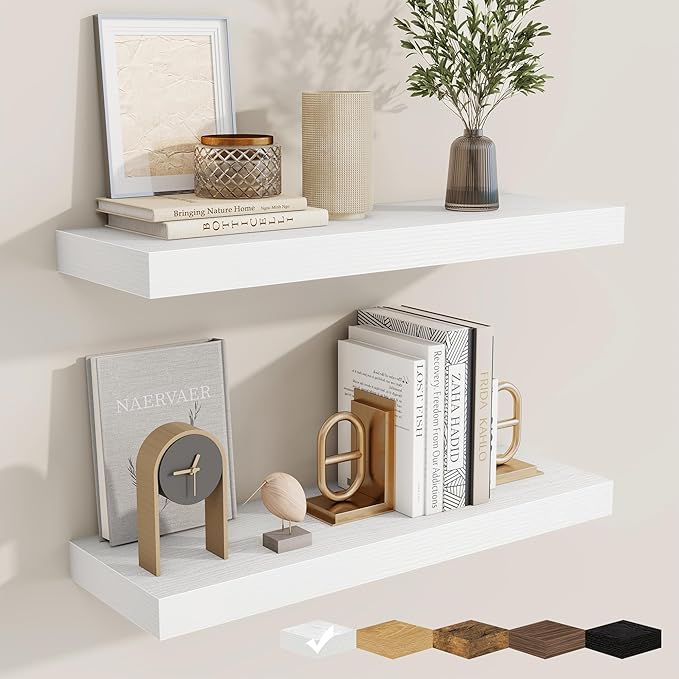 fuqing Floating Shelves for Wall, Bathroom Shelf Wall Mounted for Storage, Shelves with Invisible Bracket for Bedroom, Kitchen, Living Room, Farmhouse Small Book Shelf, 24 Inch Set of 2, White-Ruum Studio Home
