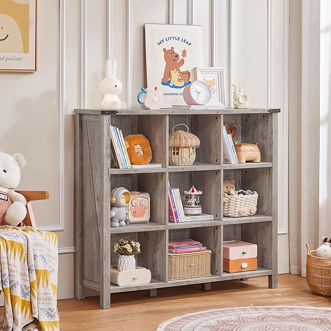 9 Cube Bookcase, Farmhouse 47 Inch Wide Grey Oak Bookshelf, Wooden 3 Tier Display Large Open Book Shelf, Vintage Horizontal Book Case for Home Office, Cubby Storage Cabinet for Living Room-Ruum Studio Home
