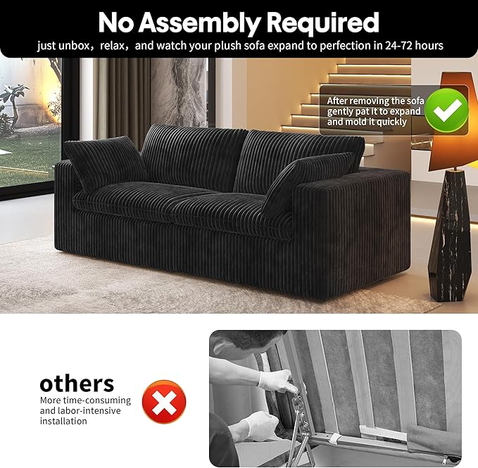 78.74" LoveSeat Cloud Sofa,Modular Sectional Couch,Modern Deep Seat Upholstered Couches with Plush Corduroy Fabric for Living Room Furniture,Bedroom and Apartment,No Assembly Required,Black-Ruum Studio Home