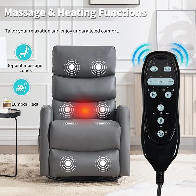 Manual Swivel Rocker Recliner Chair for Adults, Overstuffed Reclining Glider Chair for Nursing with Vibration Massage & Heat, Living Room Rocking Recliner 3-Stage backrest, Faux Leather Gray-Ruum Studio Home