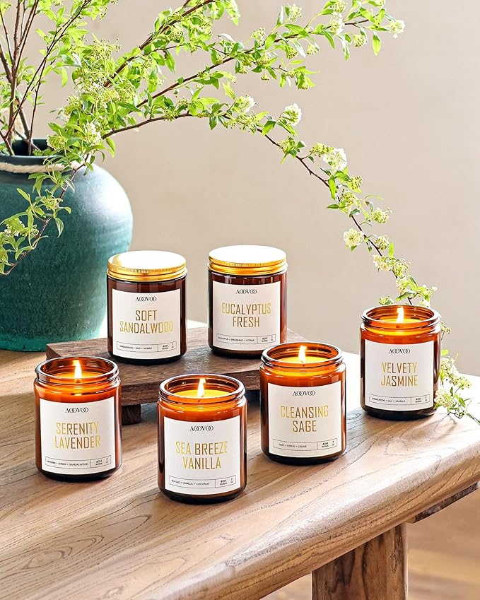 AOOVOO Candles Set - 6PC Scented Candles, Soy Candle, Aromatherapy Candle, Soy Wax Candle, Candle for Home Scented, Lavender/Vanilla/Eucalyptus/Sage/Jasmine/Sandalwood-Ruum Studio Home