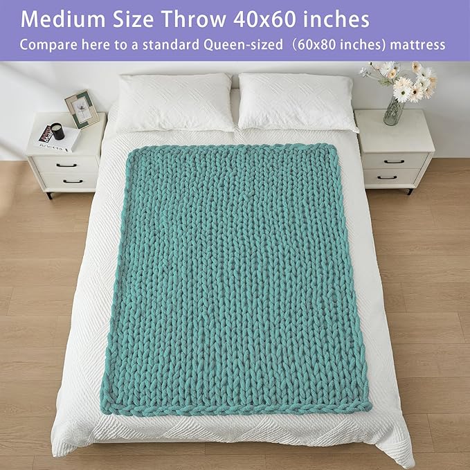 Bigacogo Chunky Knit Throw Blanket for Couch, 40x60 inches, 100% Hand Knitted with Thick Jumbo Chenille Yarn, Cozy Soft Large Rope Knot Cable Crochet Blankets for Sofa Bed Living Room, Light Teal-Ruum Studio Home