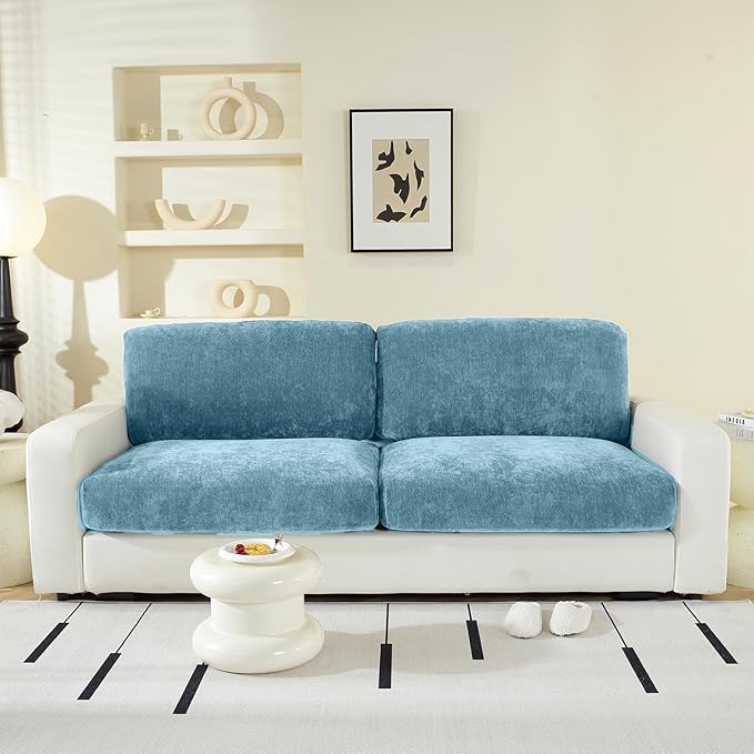 Large Backrest Cushion Covers Super Stretch Backrest Covers for 2 Cushion Couch Sofa, Couch Back Cushion Covers Featuring with Chenille Yarn (Softer Version, 2PC, Blue)-Ruum Studio Home