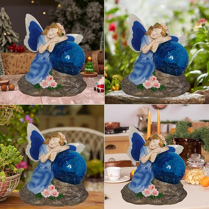 Fairy Garden Statue ，Solar Garden Decor ，Fairy Statue Outdoor with Glass Ball ，Waterproof Outdoor Decor，Suitable for Yard, Lawn ，Ideal for Holiday Giving（Blue）-Ruum Studio Home