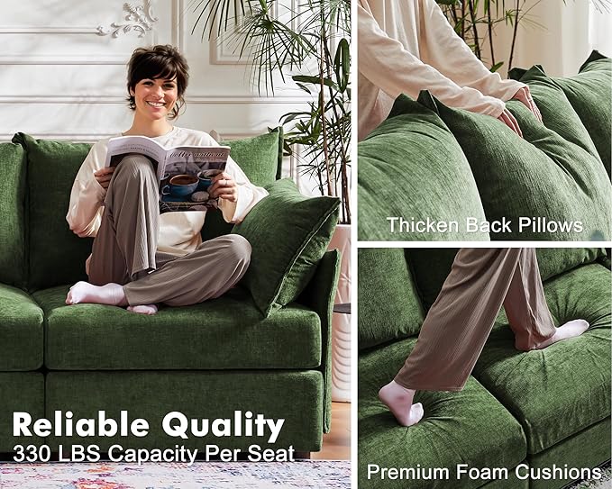Oversized Loveseat Sofa, Modern Modular Sectional Couch Green Fluffy Chenille Mid Century 2-Seat 24.5" Deep Seat for Apartment, Living Room, Bedroom-Ruum Studio Home