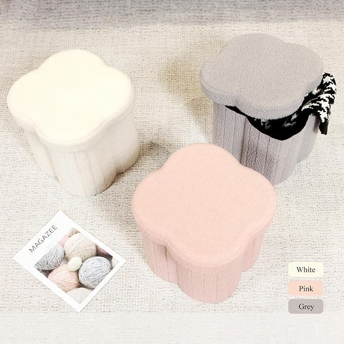B FSOBEIIALEO Storage Ottoman Cube, Flowers Shaped Ottomans with Storage Foot Stool Footrest for Lving Room, Boucle Ottoman Seat for Dorm Room,Faux Teddy Fur, Pink 12.6"x12.6"x12.6"-Ruum Studio Home