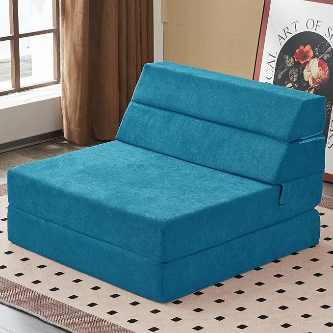 jela Foldable Sofa Bed, Convertible Sleeper Lounge Chair Floor Mattress Floor Couch with Backrest, Fold Out Futon with Washable Miss Fabric Cover for Guest Room, Living Room (83"x33",Teal)-Ruum Studio Home