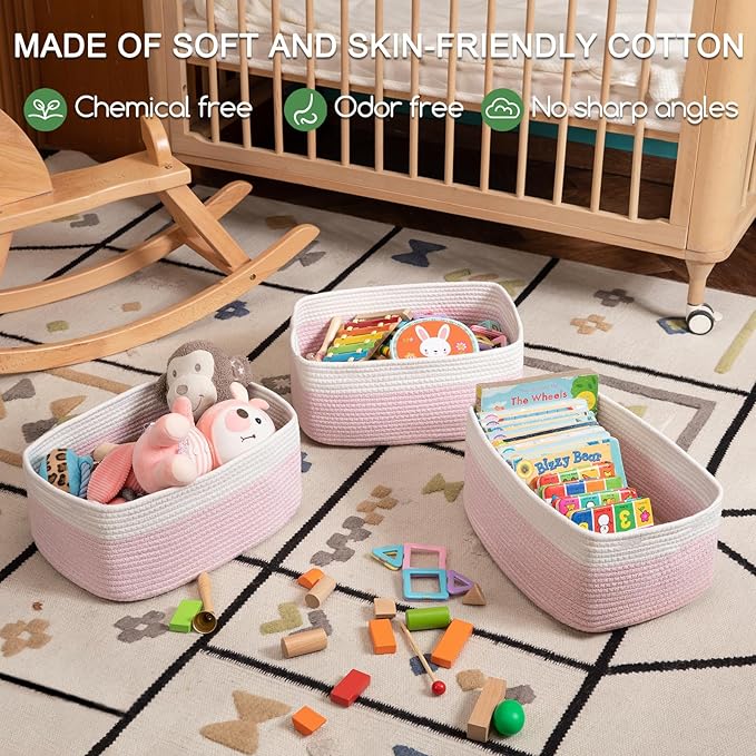 Storage Baskets for Organizing 3 Pack, Woven Baskets for Shelves, Closet Organizer Bins Empty Gift Basket Toy Storage for Toys, Books, Towels, Clothes, 15"x11.42"x6.7", Pink-Ruum Studio Home