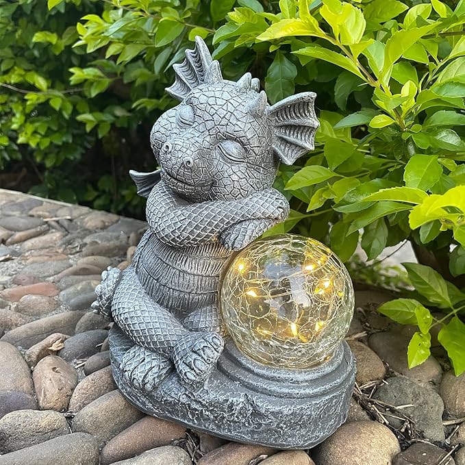 Garden Dragon Figurine Solar Powered Outdoor Cute Dragon with Hold Glowing Glass Ball Resin Sculpture for Porch Patio Lawn Farm Yard Home Decoration Gift for Women Housewarming-Ruum Studio Home