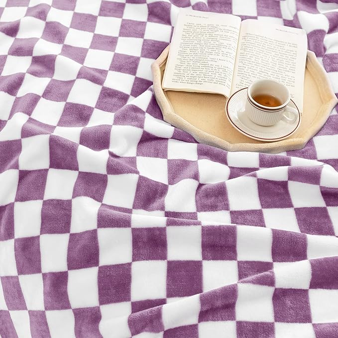 LOMAO Throw Blankets Flannel Blanket with Checkerboard Grid Pattern Soft Throw Blanket for Couch, Bed, Sofa Luxurious Warm and Cozy for All Seasons (Purple, 50"x60")-Ruum Studio Home