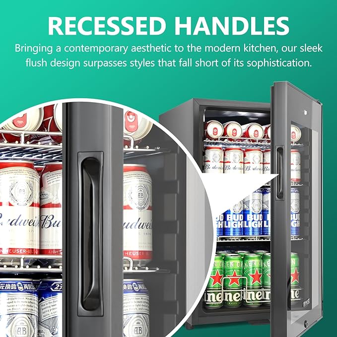 101 Cans Compressor Beverage Refrigerator, 17 Inch Drink Fridge with Glass Door, Adjustable Removable Shelves, Quiet Operation, Temp Memory, Beer Cooler for Soda, Beer, Water, Home Bar, Office-Ruum Studio Home