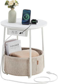 VASAGLE Side Table with Charging Station, Round End Table with Fabric Basket, Nightstand with Power Outlets, USB Ports, for Living Room, Bedroom, Modern, Matte White and Camel Brown ULET228W01-Ruum Studio Home