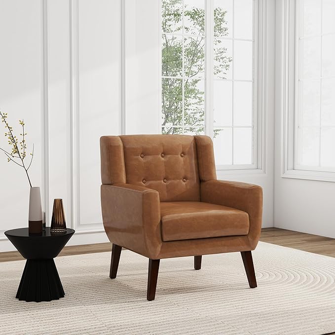 UIXE PU Leather Accent Chairs Set of 2, Modern Arm Club Chair Upholstered Armchair for Living Room, Comfy Single Sofa Seats Button Tufted Reading Seating, Brown-Ruum Studio Home