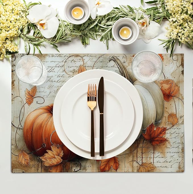 Fall Vintage Pumpkin Leaves Placemats Set of 4 Autumn Thanksgiving Harvest Linen Dinner Place Mats 12x18 Burnt Orange and White Rustic Farmhouse Decorative Kitchen Table Mats-Ruum Studio Home
