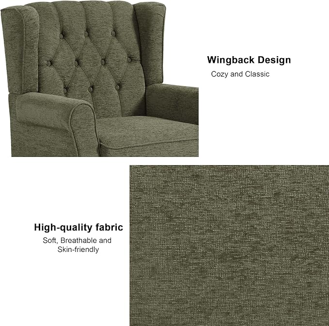 Accent Chair, Upholstered Armchair with Button Tufted High Back & Solid Wood Legs, Comfy Wingback Reading Single Sofa Chair for Small Spaces, Living Room, Bedroom (Green, Set of 1)-Ruum Studio Home