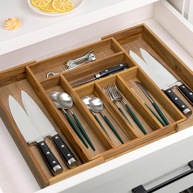 VaeFae Teak Drawer Organizer, Large Silverware Organizer, Expandable Utensil Organizer for Kitchen Drawer, Wooden Cutlery Tray Drawer Dividers Organizer-Ruum Studio Home