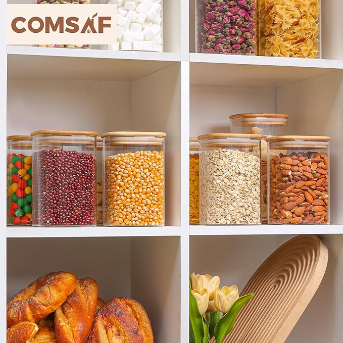ComSaf 1.2 Qt Glass Storage Containers with Lids, Glass Jars with Lids, Clear Food Storage Jar, Square Canister Set of 9, Pantry Organizers and Storage for Cookie Flour Oat Pasta Tea Coffee Bean-Ruum Studio Home