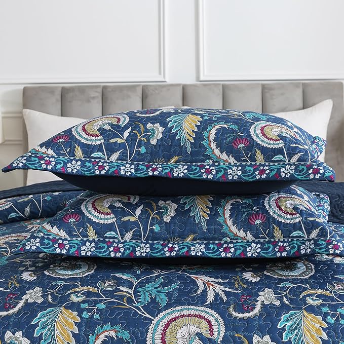 NEWLAKE Quilt Set Queen Size, Bedspread Sets Blue Botanical Floral Patterns, Reversible Quilt Bedding Set Lightweight and Breathable for All Seasons, Soft Quilted Bedspread with 2 Pillow Shams-Ruum Studio Home