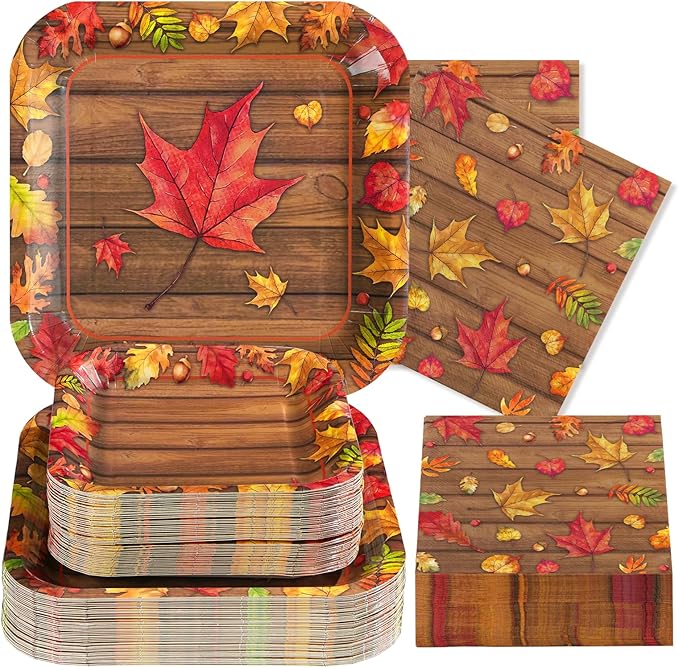 200Pcs Fall Party Decorations Watercolor Autumn Maple Leaves Paper Plates and Napkins Thanksgiving Wooden Grain Tableware Sets for Holiday Harvest Birthday Wedding Dinner Party Supplies Serves 50-Ruum Studio Home