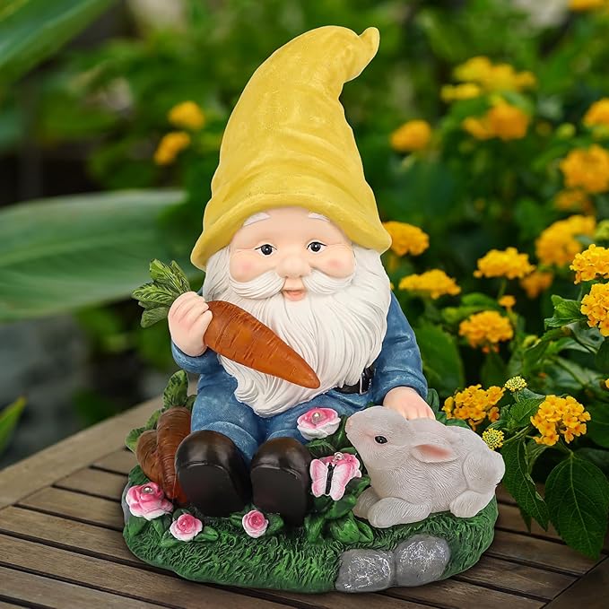 Solar Garden Outdoor Statues Gnome Feeding Rabbit with 6 LED Solar Figurine for Lawn,Patio,Balcony,Yard Decor Unique Housewarming Gift, for Grandfather, Father,Grandma-Ruum Studio Home