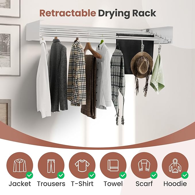Foldable Wall-Mounted Drying Rack, Heavy-Duty 60 lb Capacity – Space-Saving Folding Laundry Hanger with 10 Clips, Rust-Proof Aluminium Clothes Dryer for Indoor & Outdoor Use-Ruum Studio Home