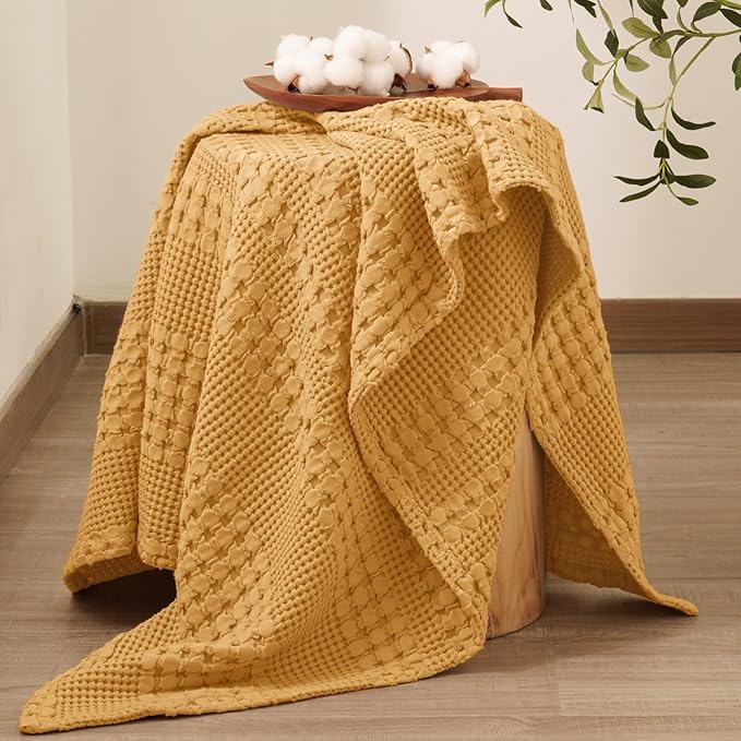 PHF 100% Cotton Waffle Weave Throw Blanket, Soft Lightweight Breathable Cozy Summer Throws for Couch Bed Sofa, Luxury Aesthetic Woven Blanket for Home Decor & Office, 50"x60", Ginger/Honey Yellow-Ruum Studio Home