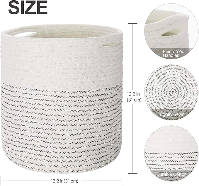 Woven Cotton Rope Plant Basket for 11 12" Flower Pot Floor Indoor Planters, Decor Basket for Plants Storage Organizer Modern Home Decor (12" x 12", White)-Ruum Studio Home