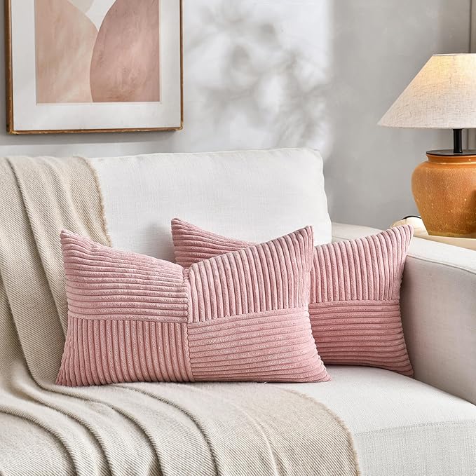 Fancy Homi 2 Packs Blush Pink Lumbar Decorative Throw Pillow Covers 14x24 Inch for Couch Bed, Rustic Farmhouse Boho Home Decor, Soft Striped Corduroy Rectangle Accent Cushion Case 35x60 cm-Ruum Studio Home
