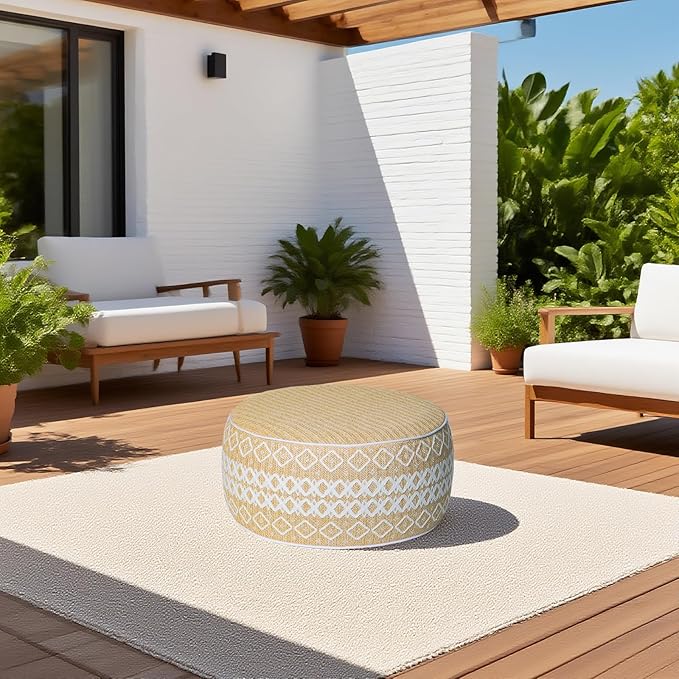Outdoor Inflatable Ottoman with Air Pump, Embroidery Patio Footrest Stool D21”x H9”, Round Pouf Ottoman with Portable Handle Suitable for Garden, Camping, Bedroom, Living Room-Ruum Studio Home