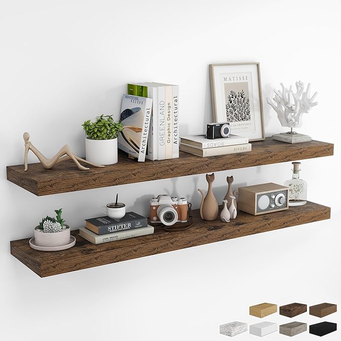 RICHFOCUS 55Inch Floating Shelves for Wall 2 Pack Shelves for Bedroom|Kitchen|Bathroom Wall Mounted Rustic Wood Floating Shelf with Invisible Brackets for Books|Storage|Decor, Rustic Brown-Ruum Studio Home