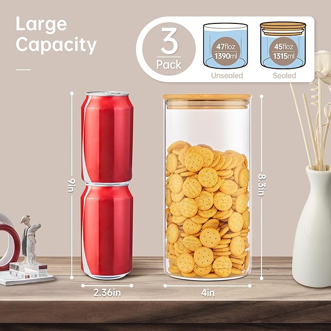 45oz - 3 Pack Glass Jars with Bamboo Lids, Glass Pantry Storage Containers with Airtight Lids, Round Air Tigh Food Storage Canisters for Cereal, Pasta, Flour, Sugar, Rice, Best for Kitchen Organizer-Ruum Studio Home