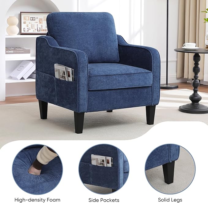 Accent Chair for Living Room, Mid Century Modern Reading Chair for Bedroom, Upholstered Armchair with Side Pockets, Comfy Single Sofa Side Chair for Office, Apartment, Small Room, Blue-Ruum Studio Home