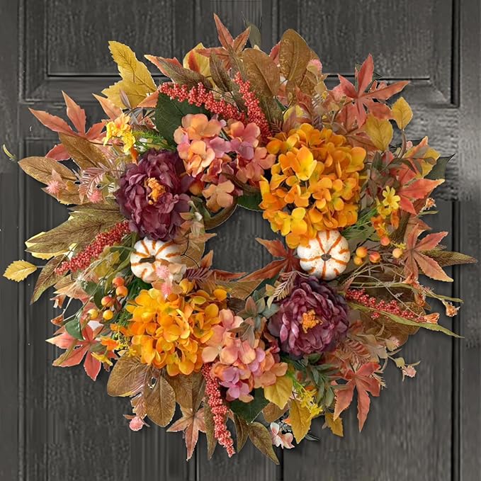 WANNA-CUL 24 Inch Fall Wreaths for Front Door with Hydrangea,Peony and White Pumpkins-Fall Decorations for Home, Fall Door Wreath Decor for Autumn,Harvest, Halloween or Thanksgiving-Ruum Studio Home