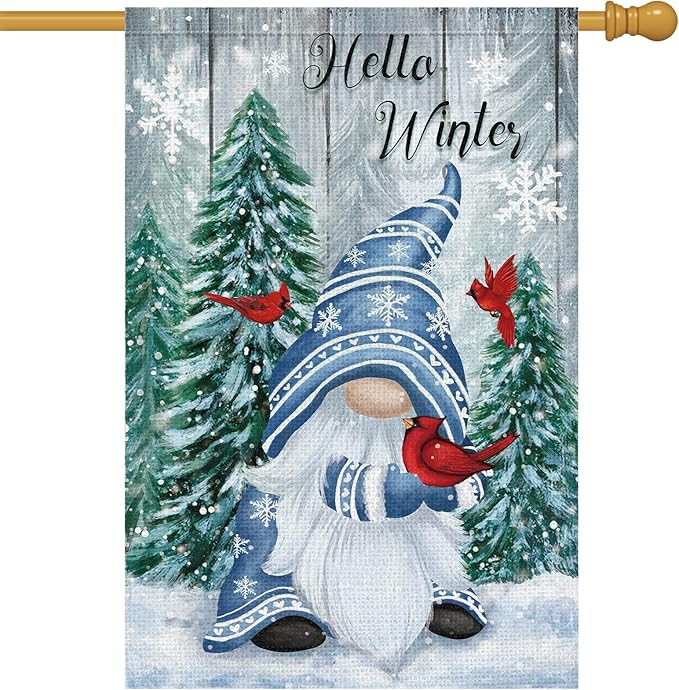 Heyfibro Hello Winter Gnome Garden Flag 28x40 Double Sided Burlap Cardinals Snowflakes Snow Yard Banner for Christmas Seasonal Outside Outdoor House Decoration (ONLY FLAG)-Ruum Studio Home