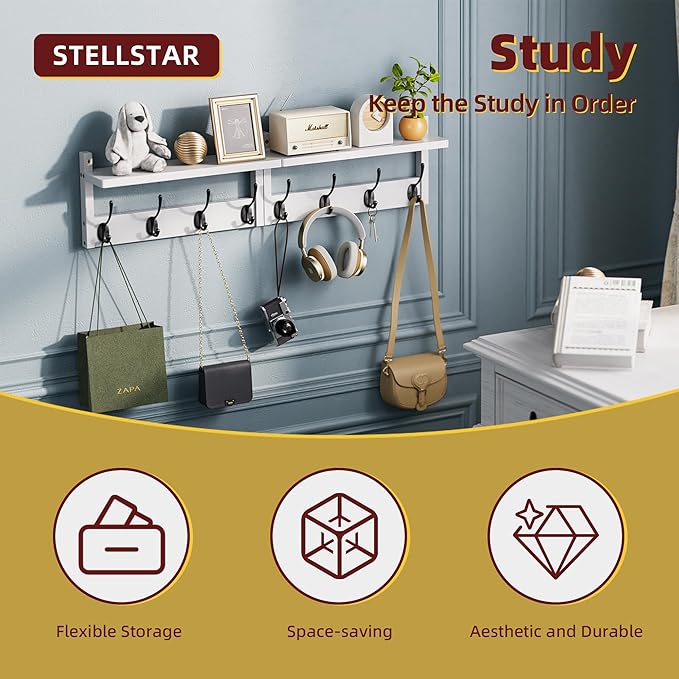 Coat Rack with Shelf Wall Mount, Entryway Bamboo Hanging Shelf, Set of 2, Wall Hook Rail for Hallway Décor, Storage Clothe, Hat, Robe, Key, Dog Leash (White+Black)-Ruum Studio Home