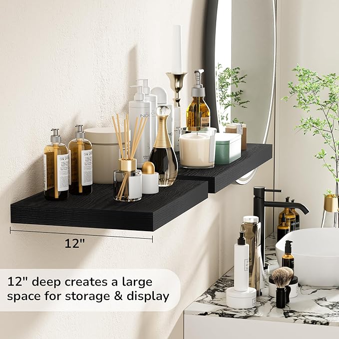 Fun Memories Floating Shelves - 2 Pack 12 Inch Deep Rustic Wooden Wall Shelves - Extra Deeper & Thicker Wall Mounted Storage Shelf for Kitchen, Farmhouse - 16" W x 12" D x 1.5" H - Rustic Black-Ruum Studio Home