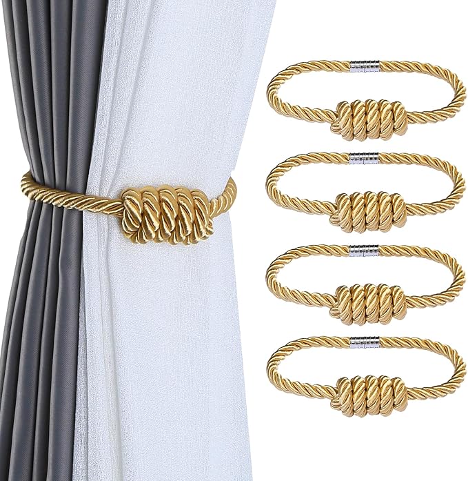 Fenghuangwu 4Pack Magnetic Curtain Tiebacks – Bohemian Style Handmade Woven Tie-Backs for Drapes,Elegant Exquisite Knot Holdbacks,Outdoor Boho & Modern Home Decor（Gold-Ruum Studio Home