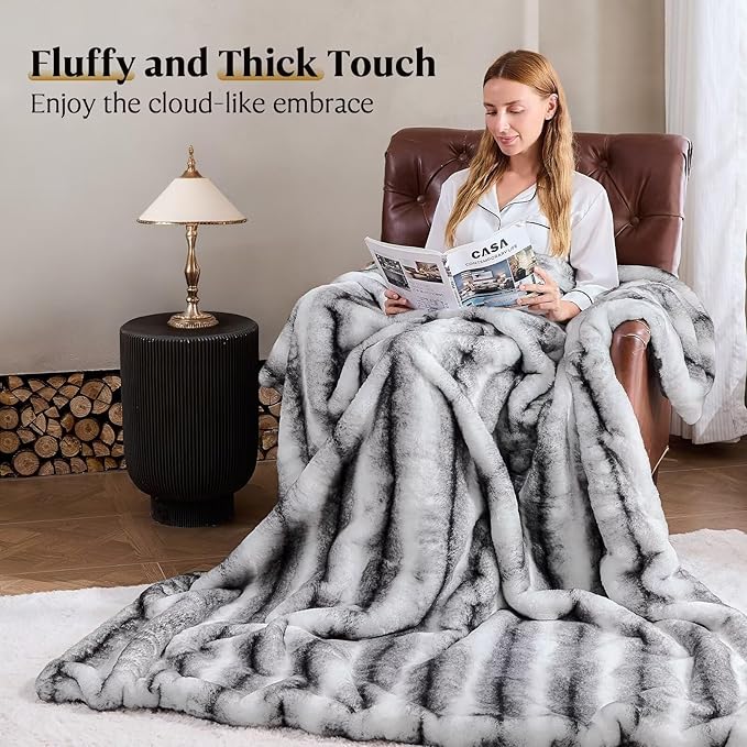 Luxury Faux Fur Blanket - Soft Warm Plush Blankets for Couch Sofa Bed, Fluffy Thick Throws for Bedroom, Office, Living Room, Decorative Reversible, Not Easy to shed- 50"x60", Black/White-Ruum Studio Home