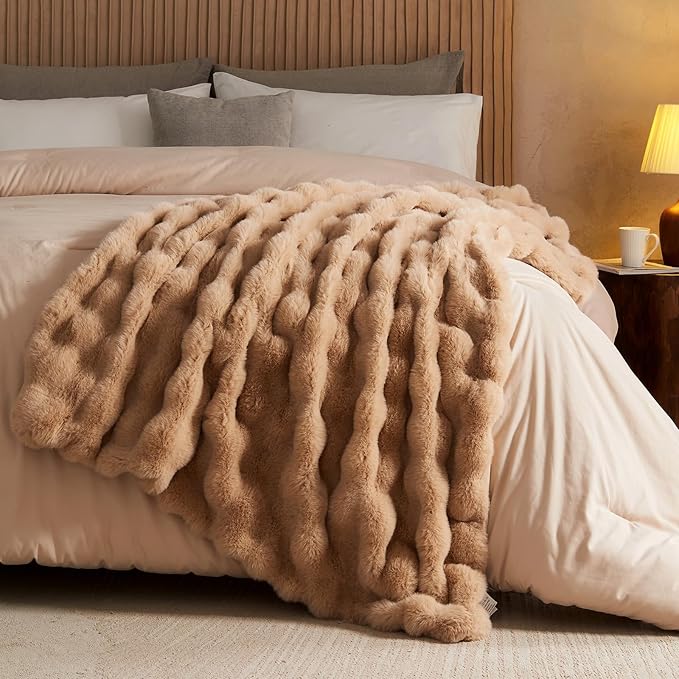 Lotus Karen Faux Fur Throw Blanket Khaki - Big Bubble Rabbit Fluff Blanket for Couch, Small Fluffy Fuzzy Cozy Blanket, Thick Furry Plush Shaggy Blankets, 50x60 Inches-Ruum Studio Home