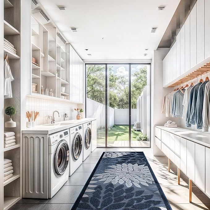 Beverly Rug Outdoor Runner Rug 2x7 Modern Floral Tropical Area Rugs for Indoor and Outdoor Patio Easy to Clean Non Shedding Living Room Porch Garden Washable Outside Carpet (2 x 7 Navy Blue)-Ruum Studio Home