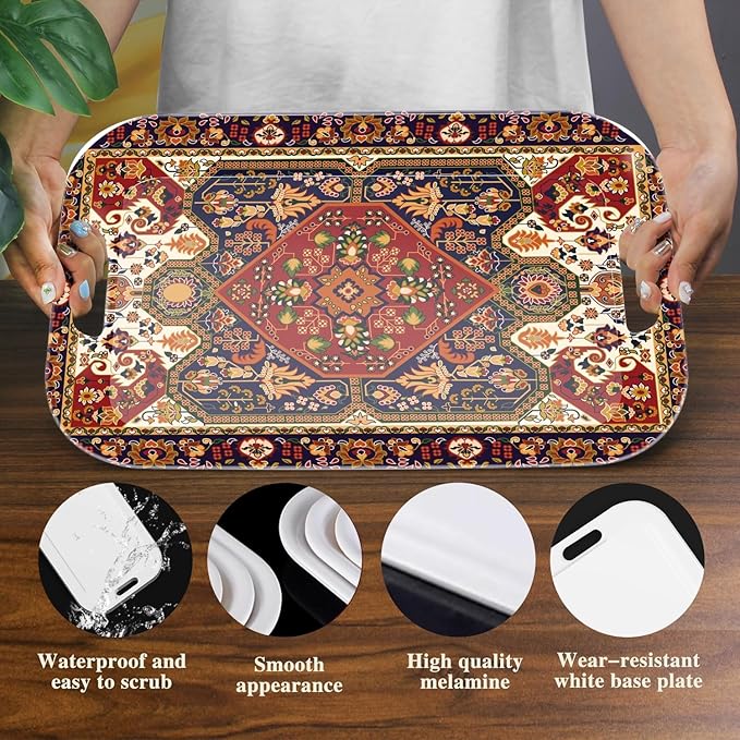 Serving Trays with Handles, 14.5 x 9.8 inch Rectangular Plastic Tray for Restaurant, Kitchen, Dark Red Pattern-Ruum Studio Home