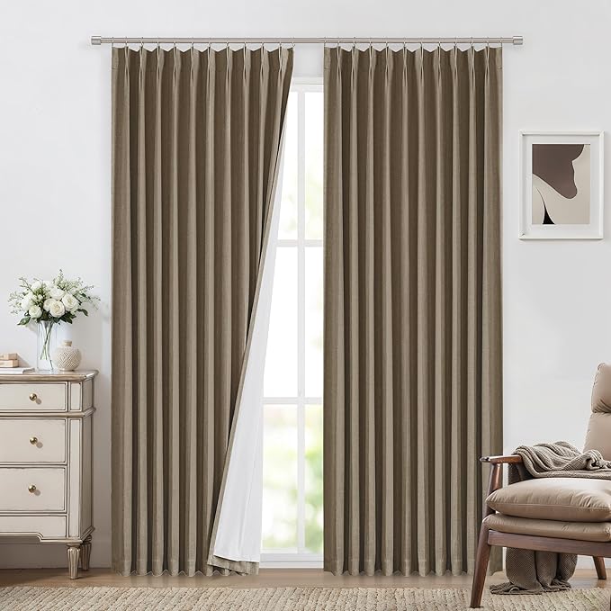 Vision Home Brown Pinch Pleated Full Blackout Curtains Linen Blended 60" Wide Thermal Insulated Window Panels 95 inch for Bedroom Living Room Darkening Pleat Drapes with Hooks Back Tab 60" Wx95 Lx1-Ruum Studio Home