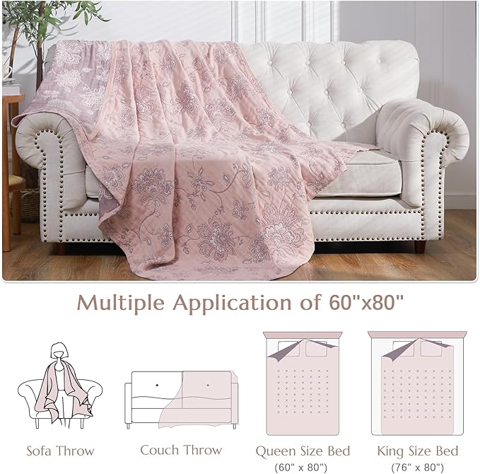 jinchan Boho 100% Cotton Muslin Twin Size 60x80 Inches Blanket Lightweight 4-Layer Quilted Soft Pink Red Floral Throw Blanket Reversible Comfy Flower Breathable All Seasons Couch Bedroom Decor-Ruum Studio Home