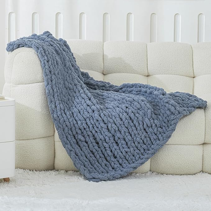 WESHIONGOO Chunky Knit Blanket Throw 40"×40" Knitted Throw Blankets for Couch Bed Fluffy Soft Blanket with Jumbo Chenille Yarn Thick 100% Handmade (Dusty Blue)-Ruum Studio Home