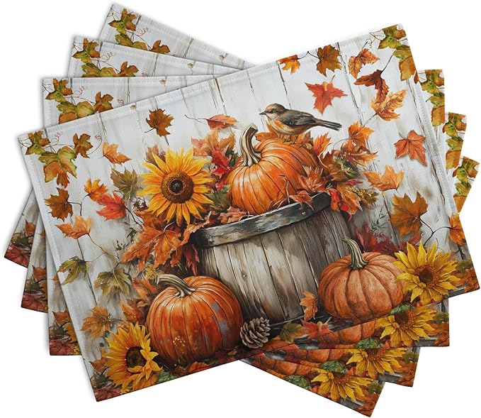 Fall Placemats 12x18 Inch Set of 4 Pumpkin Maple Leaves Sunflower Bird Linen Place Mat Burnt Orange Autumn Thanksgiving Harvest Table Mats for Party Kitchen Dining Decoration-Ruum Studio Home