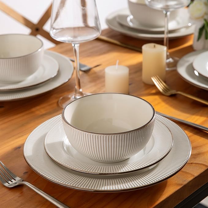 GBHOME Ceramic Dinnerware Sets,12 pcs Embossed Elegant Stoneware Plates and Bowls Sets, Housewarming Wedding Gift | Dishwasher & Microwave Safe | Dishes Set Service for 4-Ruum Studio Home