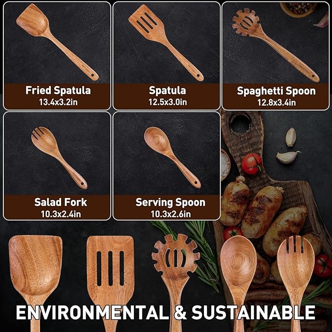 Wooden Spoons for Cooking - 5-Piece Wooden Kitchen Utensil Set made of Natural Solid Wood Material - Includes Salad Spoons, Spaghetti Spoon, Salad Fork, Flat Spatula,Slotted Spatula(A05)-Ruum Studio Home