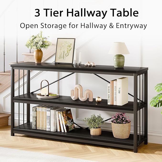 LVB Black Console Table, Modern Entryway Table for Hallway Living Room, Industrial Sofa Table Behind Couch, Farmhouse Wooden Metal Entry Table for Foyer with 3-Tier Storage Shelves, Black Oak, 55 Inch-Ruum Studio Home