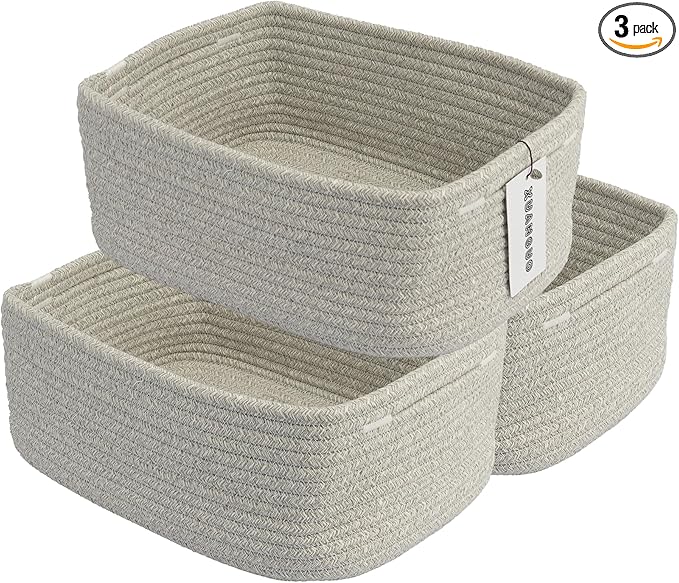 Small Woven Storage Baskets 13“X9”X5“ Decorative Rope Bins for Organizing Shelves, Closets, and Toys, Empty Gift Baskets, Cute Organizer Basket for Home and Office (grey, Large)-Ruum Studio Home